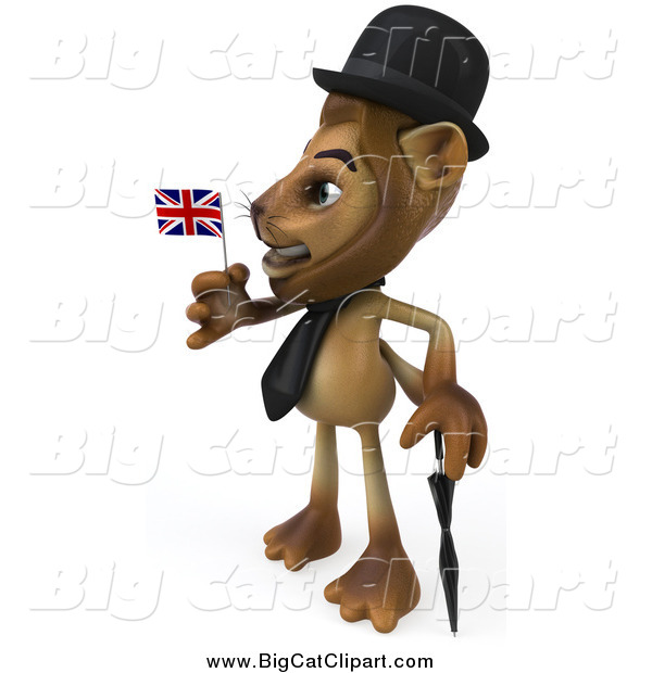 Big Cat Clipart of a 3d Lion Wearing a Hat and Holding a Union Jack Flag