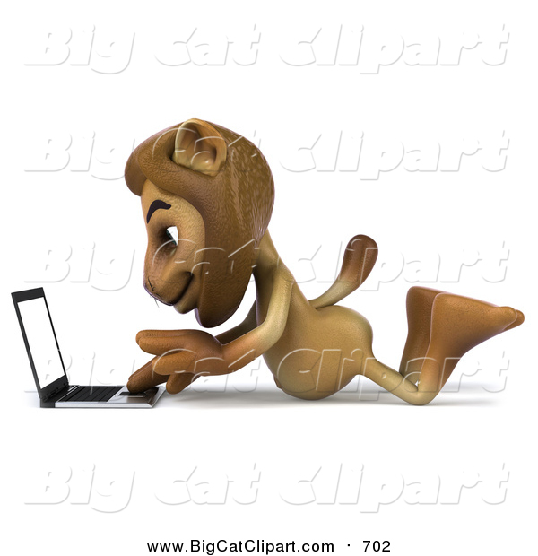 Big Cat Clipart of a 3d Male Lion Using a Laptop on the Floor