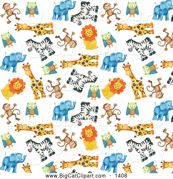 Big Cat Clipart of a Background of Cute Zoo Monkeys Owls Giraffes Zebras Lions and Elephants over White
