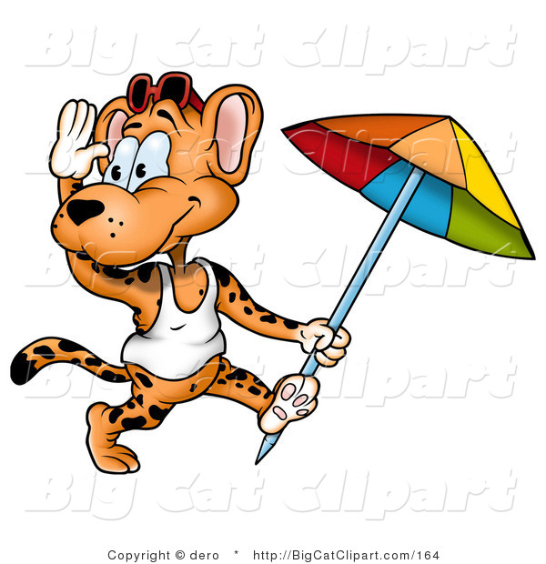 Big Cat Clipart of a Beach Leopard Running with an Umbrella