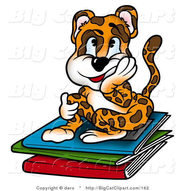 Big Cat Clipart of a Bored Leopard Student Sitting on Books