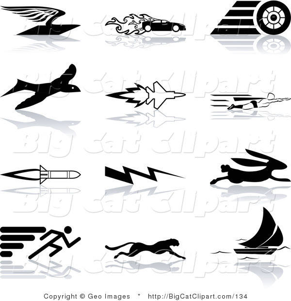 Big Cat Clipart of a Collection of Black Silhouetted Speed Icons on White: a Flying Envelope, Race Car, Tire, Bird, Jet, Super Hero, Rocket, Lightning Bolt, Hare, Sprinter, Cheetah, and Sail Boat