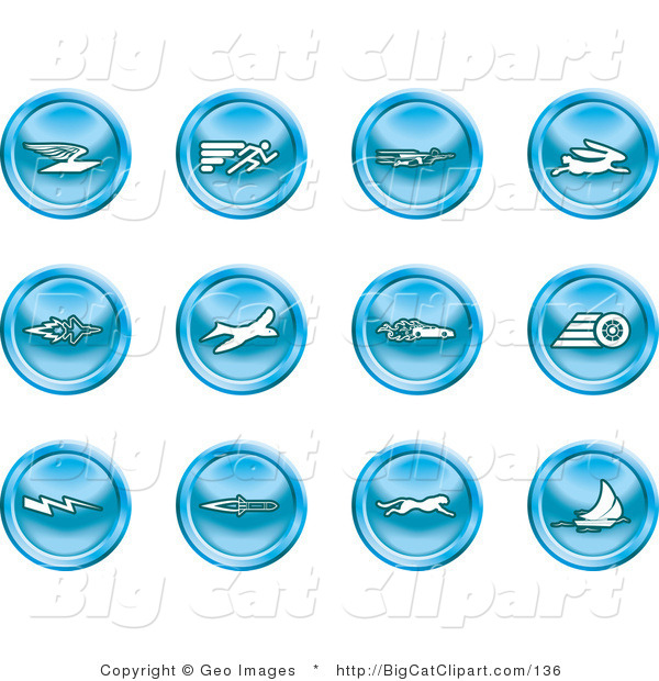 Big Cat Clipart of a Collection of Blue Speed Buttons of Email, Runner, Super Hero, Rabbit, Jet, Bird, Race Car, Tire, Lightning Bolt, Rocket, Cheetah and Sailboat