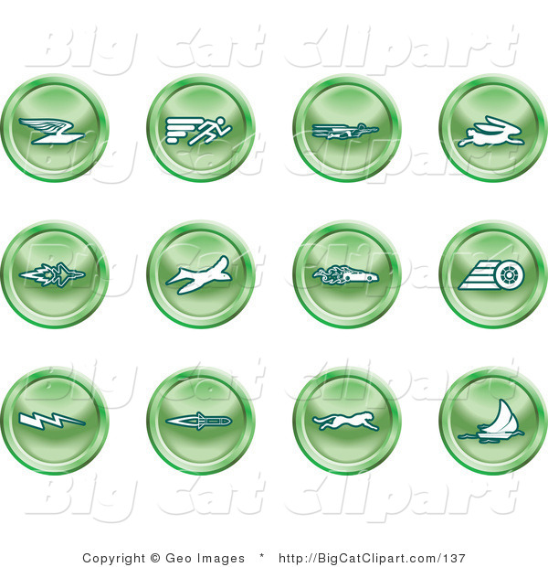 Big Cat Clipart of a Collection of Green Speed Buttons of Email, Runner, Super Hero, Rabbit, Jet, Bird, Race Car, Tire, Lightning Bolt, Rocket, Cheetah and Sailboat