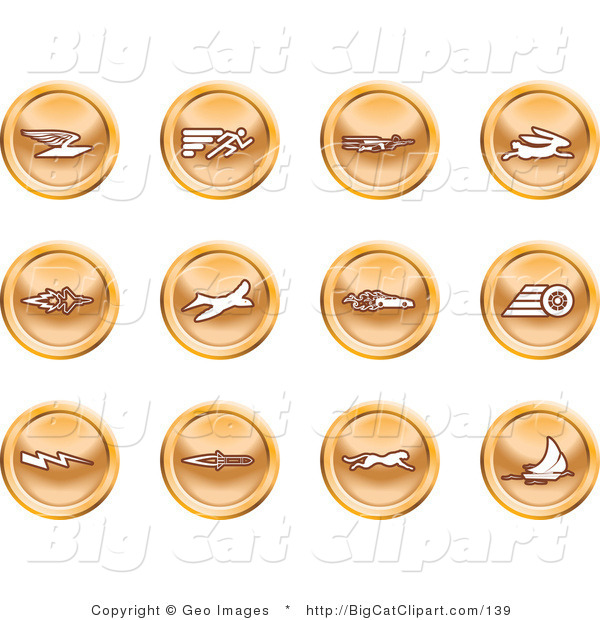 Big Cat Clipart of a Collection of Orange Speed Buttons of Email, Runner, Super Hero, Rabbit, Jet, Bird, Race Car, Tire, Lightning Bolt, Rocket, Cheetah and Sailboat
