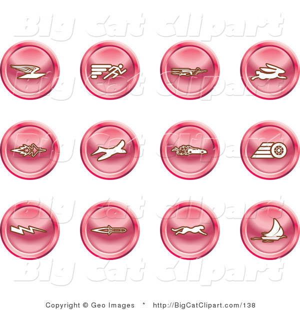 Big Cat Clipart of a Collection of Red Speed Buttons of Email, Runner, Super Hero, Rabbit, Jet, Bird, Race Car, Tire, Lightning Bolt, Rocket, Cheetah and Sailboat