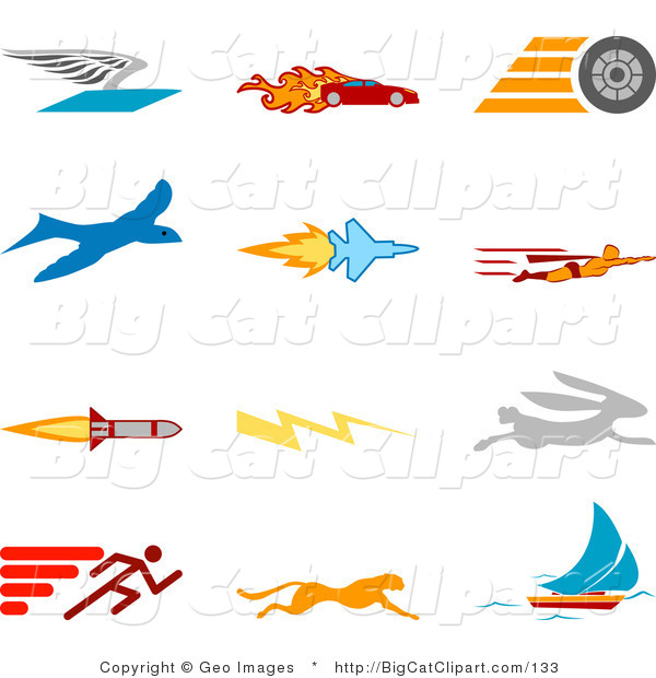 Big Cat Clipart of a Collection of Twelve Colorful Speed Icons of a Winged Envelope, Flaming Race Car, Tire, Blue Dove, Flying Jet, Super Hero, Rocket, Lightning Bolt, Rabbit, Runner, Cheetah and Sailboat, over a White Background