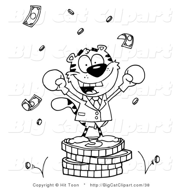 Big Cat Clipart of a Coloring Page of a Tiger Character Wearing Boxing Gloves and Standing on a Stack of Coins