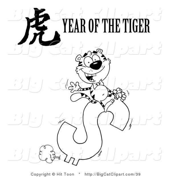 Big Cat Clipart of a Coloring Page of a Wealthy Tiger Riding a Dollar Symbol with a Year of the Tiger Chinese Symbol and Text