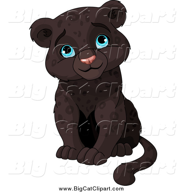 Big Cat Clipart of a Cute Sitting Baby Black Panther Cub Sitting and Smiling