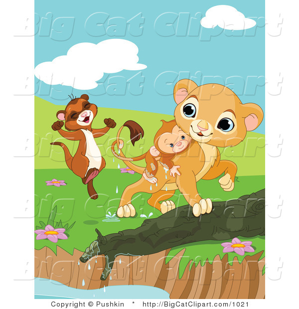 Big Cat Clipart of a Ferret and Lion Cub Saving a Monkey from a Pond