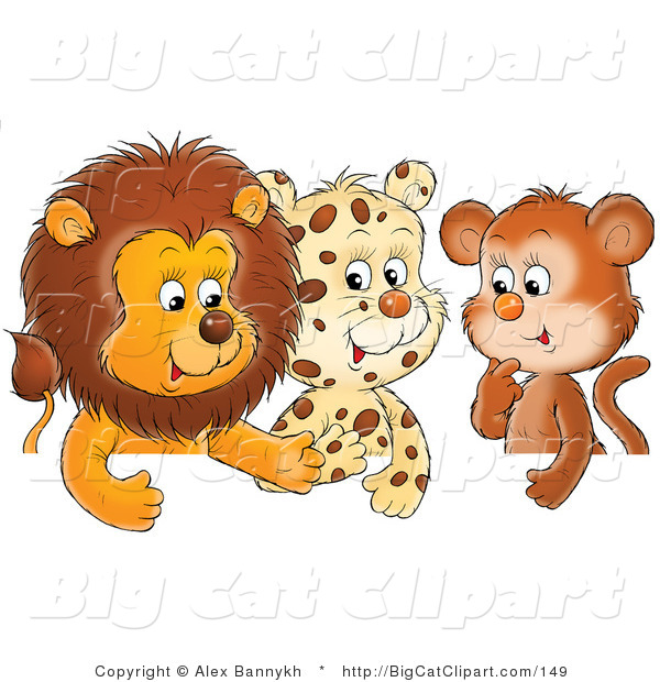 Big Cat Clipart of a Group of Three Friends, a Cute Baby Lion, Leopard and Monkey, Chatting