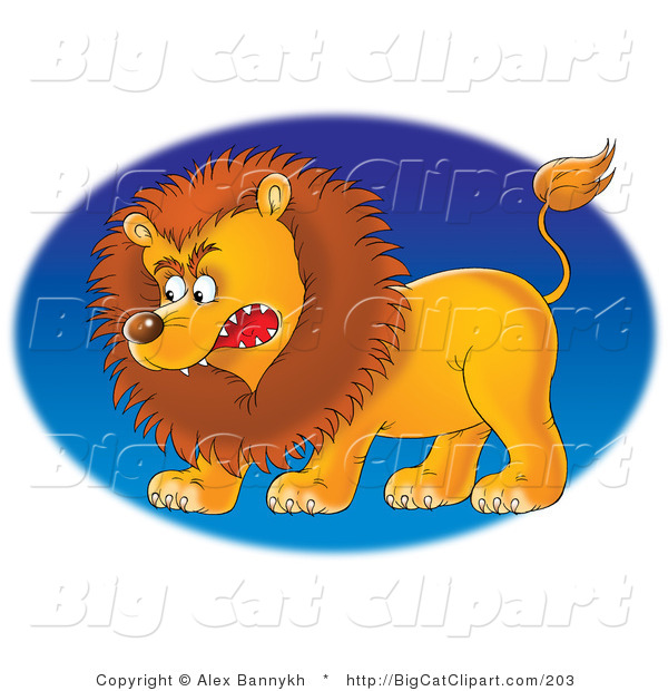 Big Cat Clipart of a Growling Mad Male Lion Facing Left, over a Blue Oval