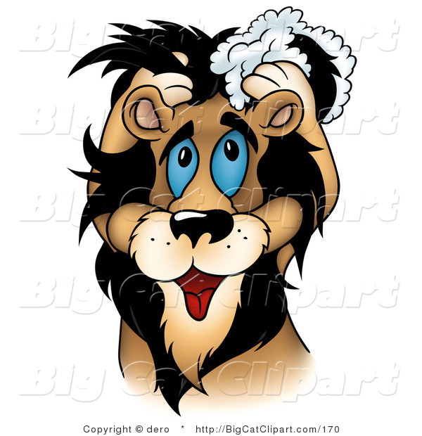 Big Cat Clipart of a Handsome Male Lion Washing His Mane with Shampoo