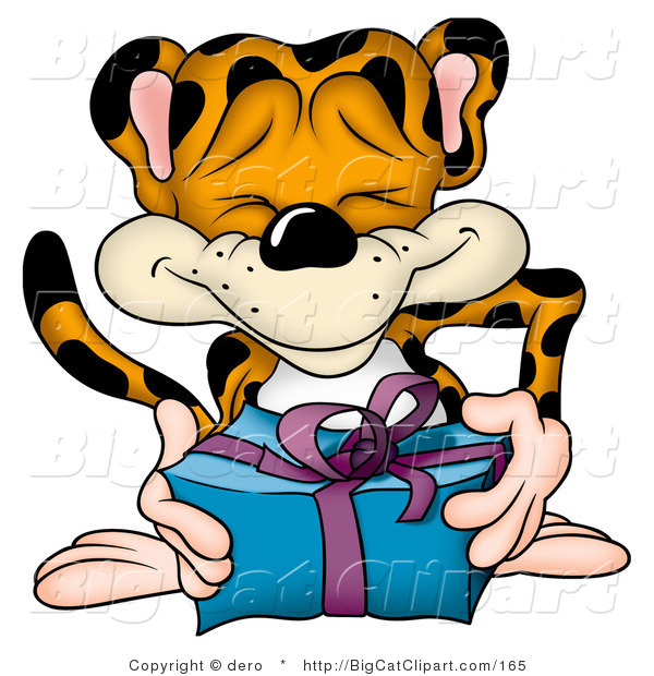 Big Cat Clipart of a Happy Leopard Holding a Gift