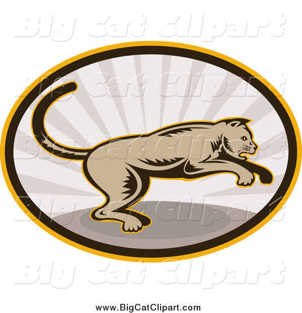 Big Cat Clipart of a Jumping Cougar in an Oval of Rays