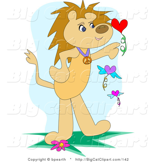 Big Cat Clipart of a Lion Standing on Its Hind Legs, Playing with Floating Flowers in the Shape of Hearts