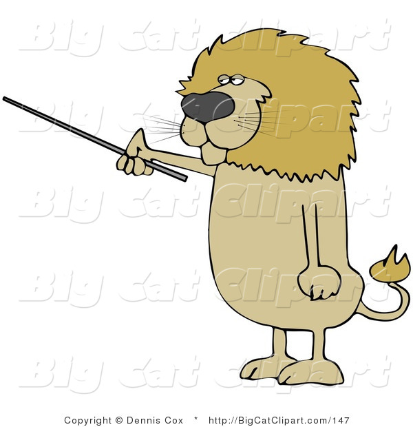 Big Cat Clipart of a Male Lion Standing up on His Hind Legs and Using a Pointer Stick