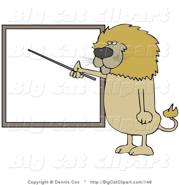 Big Cat Clipart of a Male Lion Teacher Standing and Using a Pointer Stick to Discuss Rules on a Blank Board
