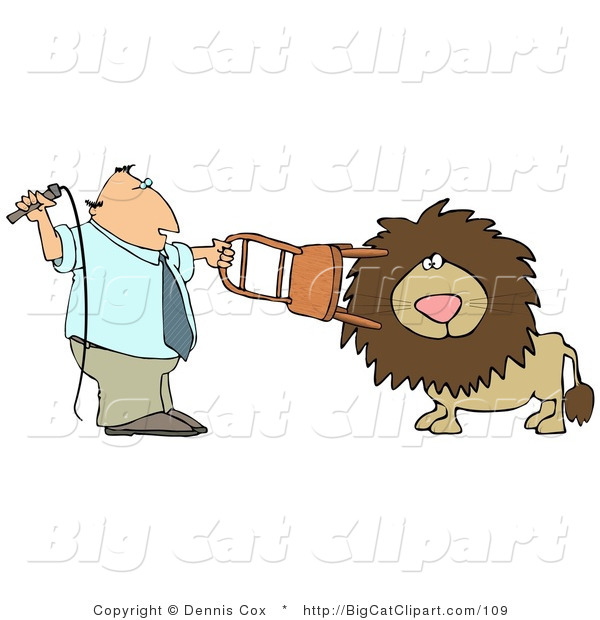 Big Cat Clipart of a Male Lion Trainer Holding a Chair and Whip While Training the Cat