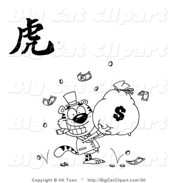 Big Cat Clipart of a Outlined Rich and Smiling Tiger Holding a Bag of Money with a Year of the Tiger Chinese Symbol