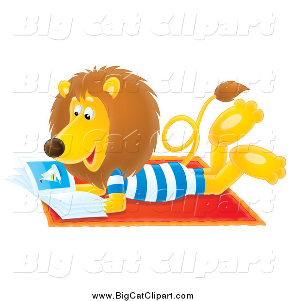 Big Cat Clipart of a Relaxed Lion Reading a Book on the Beach