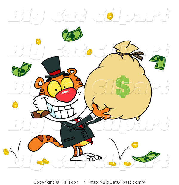Big Cat Clipart of a Rich Tiger Holding a Bag of Money