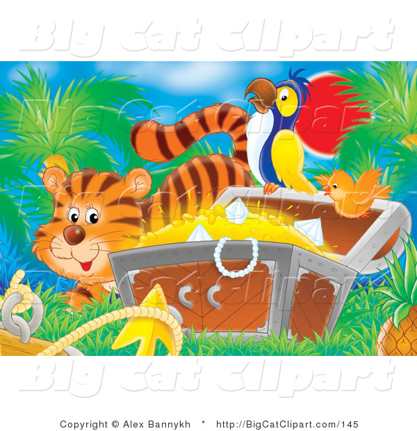 Big Cat Clipart of a Striped Tiger by an Orange Bird Flying by a Parrot Perched on a Treasure Chest Full of Gold and Diamonds