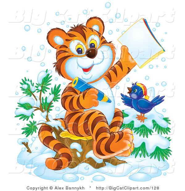 Big Cat Clipart of a Student Tiger Cub and Bird in the Snow Coloring in an Activity Book