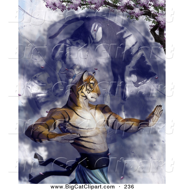 Big Cat Clipart of a Tiger Martial Arts Master Practicing Under a Blossoming Cherry Tree