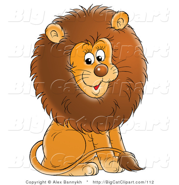 Big Cat Clipart of a Young Male Lion with a Big Fluffy Brown Mane, Sitting and Smiling