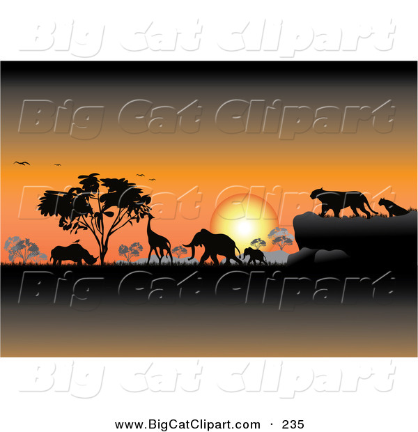 Big Cat Clipart of an Orange Safari Sunset with Silhouetted Animals and Trees