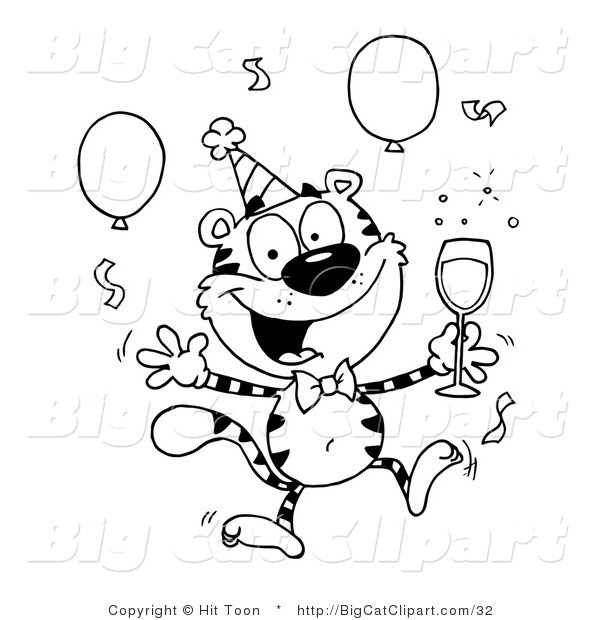 Big Cat Clipart of an Outlined Tiger Character with Champagne Jumping in the Air at a Party