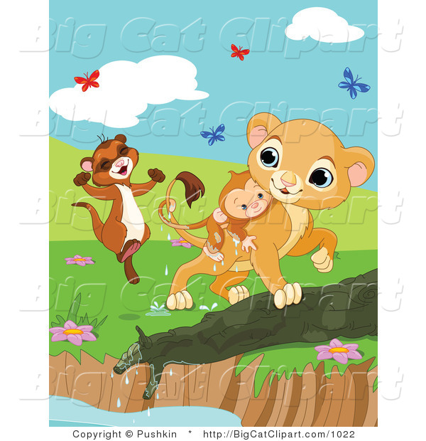 Big Cat Clipart of Butterflies over a Ferret and Lion Saving a Monkey from a Pond