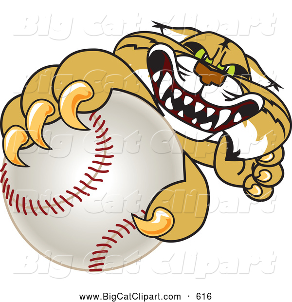 Big Cat Vector Clipart of a Aggressive Bobcat Character Grabbing a Baseball