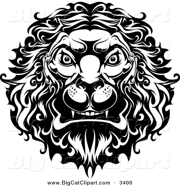 Big Cat Vector Clipart of a Black and White Angry Lion Head with a Curly Mane