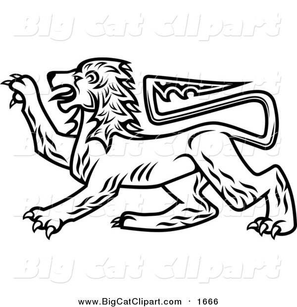 Big Cat Vector Clipart of a Black and White Heraldic Lion