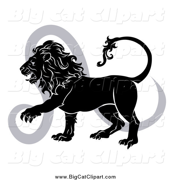 Big Cat Vector Clipart of a Black and White Leo Lion and Symbol