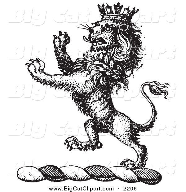 Big Cat Vector Clipart of a Black and White Lion Crest with a Crown