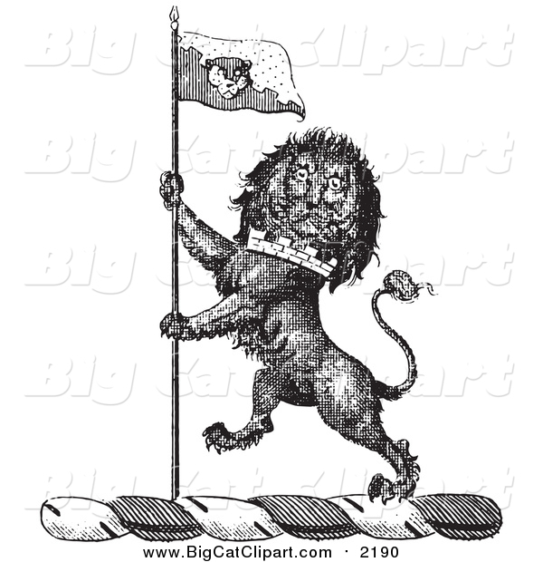 Big Cat Vector Clipart of a Black and White Lion Crest with a Flag