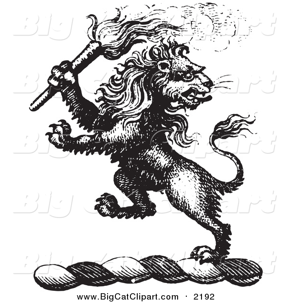 Big Cat Vector Clipart of a Black and White Lion Crest with a Torch