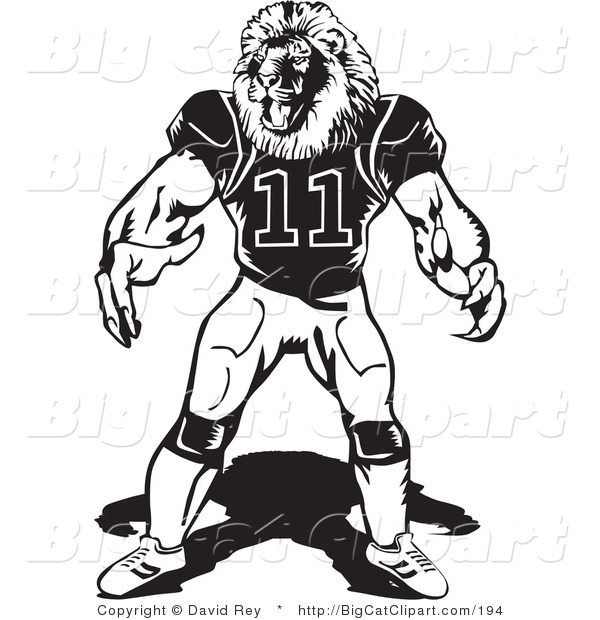 Big Cat Vector Clipart of a Black and White Lion Football Player Facing Forward