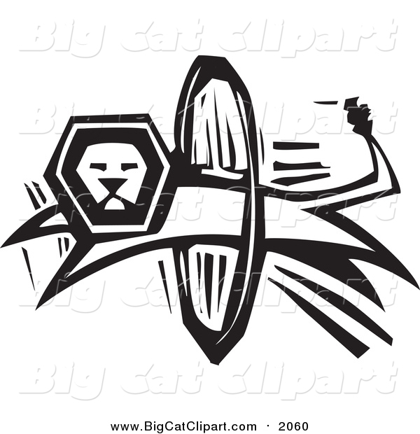 Big Cat Vector Clipart of a Black and White Lion Leaping Through a Hoop