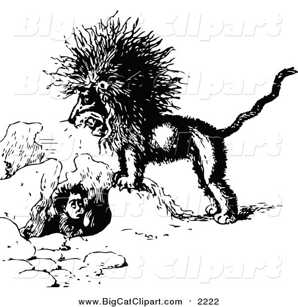 Big Cat Vector Clipart of a Black and White Mad Lion and Boy in a Hole