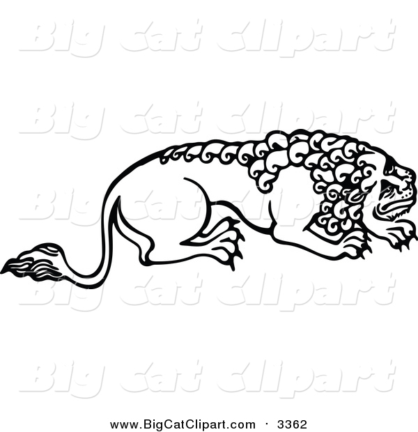 Big Cat Vector Clipart of a Black and White Male Lion Crouching