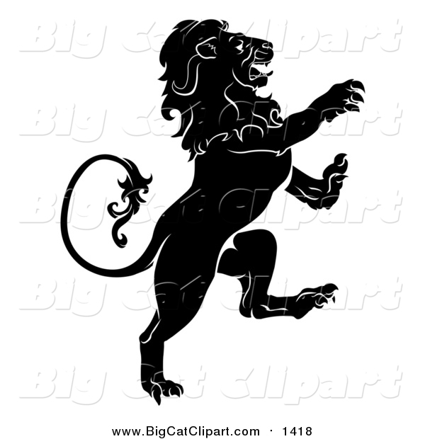 Big Cat Vector Clipart of a Black and White Rearing Heraldic Lion