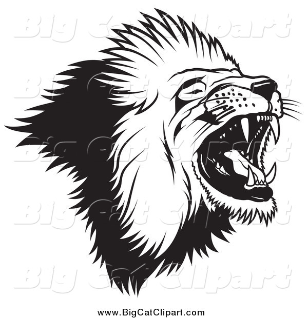 Big Cat Vector Clipart of a Black and White Roaring Lion