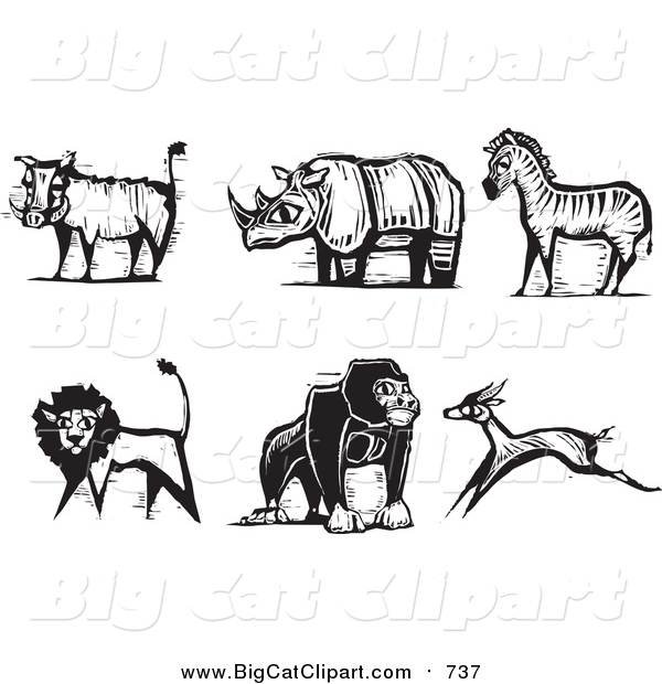 Big Cat Vector Clipart of a Black and White Safari Boar, Rhino, Zebra, Lion, Gorilla and Antelope