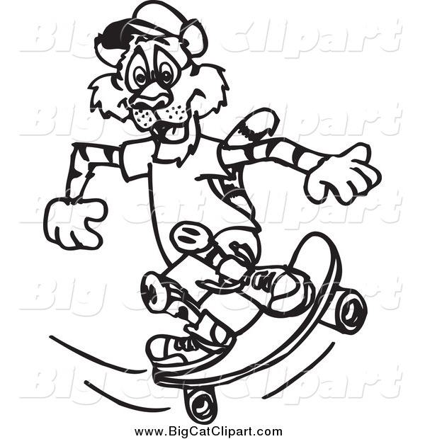 Big Cat Vector Clipart of a Black and White Sporty Tiger Skateboarding