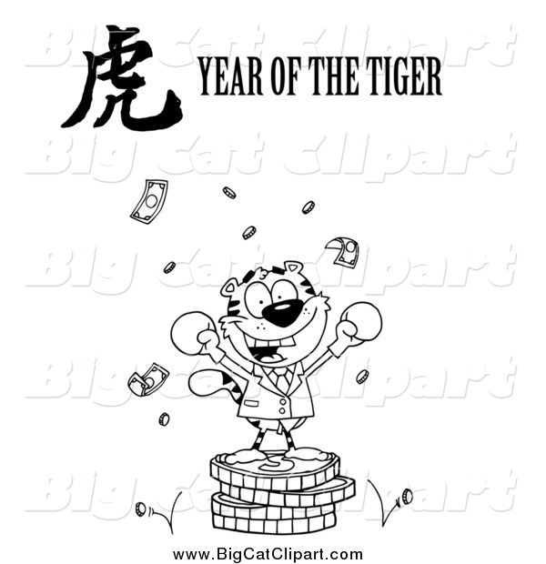Big Cat Vector Clipart of a Black and White Victorious Business Tiger on Coins, with a Year of the Tiger Chinese Symbol and Text